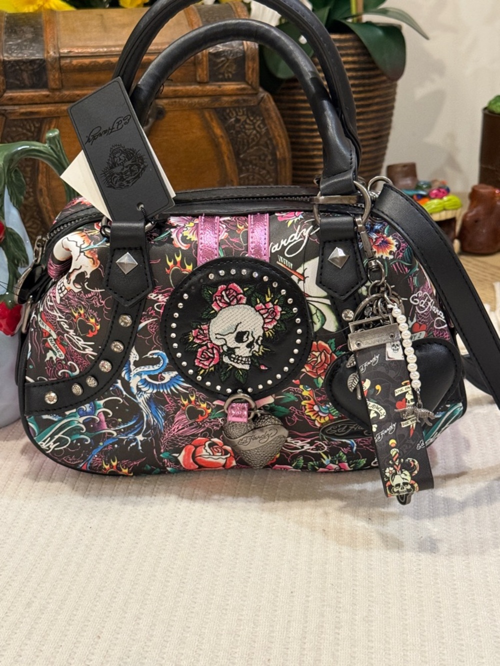 Ed Hardy Black Floral Skull Satchel with Pink and Red Accents